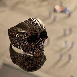 Silver Skull Ring With Black Gem Eyes